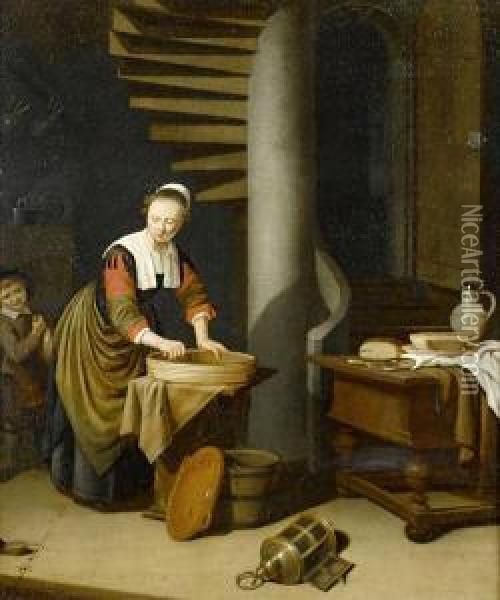 A Kitchenmaid Ironing Oil Painting - Adriaen van Gaesbeeck