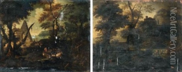 Paysage A La Pyramide (+ Paysage Au Chateau Fortifie; Pair) Oil Painting - Etienne Allegrain