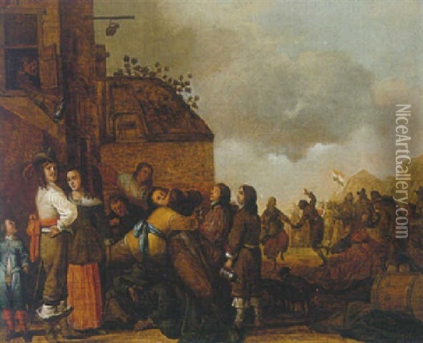 Soldiers And Women Carousing And Dancing Outside An Inn Oil Painting - Pieter Symonsz Potter