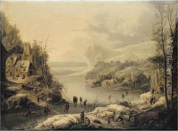 A Frozen Lake In A Mountainous Landscape With Numerous Figures Skating Near A Village Oil Painting - Johann Christian Vollerdt or Vollaert