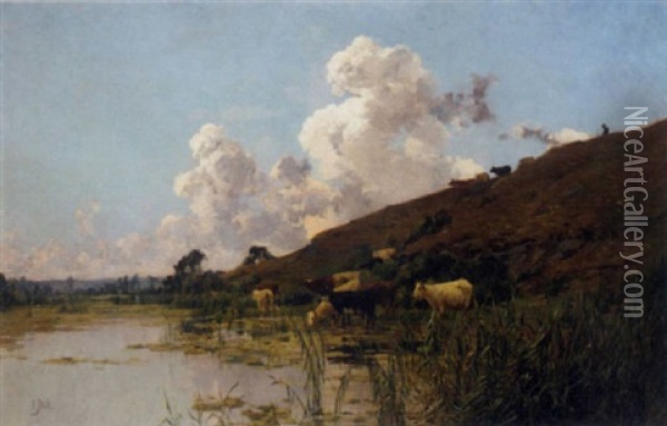 Cattle Watering At The River's Edge Oil Painting - Edouard Pail