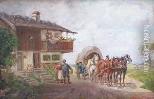 Die Ankunft Der Postkutsche Vor Einem Bauernhaus Oil Painting - Ludwig Muller-Cornelius