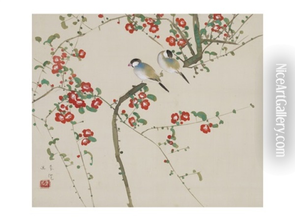Japanese Quince And Birds Oil Painting - Bakusen Tsuchida