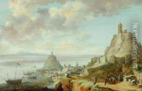 Promeneurs Et Paysans Devant Une Vue De Gaeta Pres De Naples Oil Painting - Peeters Bonaventure