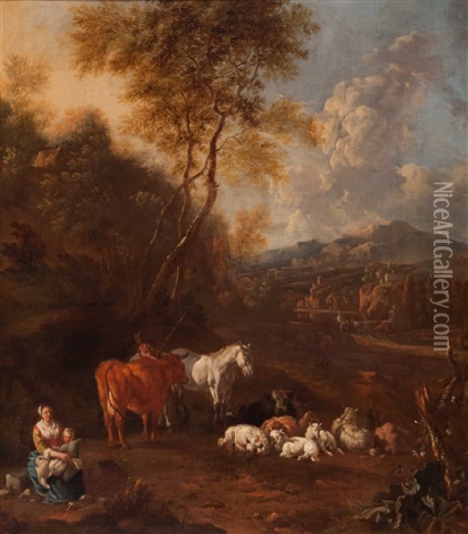 Shepherds And Their Flock In An Italianised Landscape Oil Painting - Johannes van der Bent