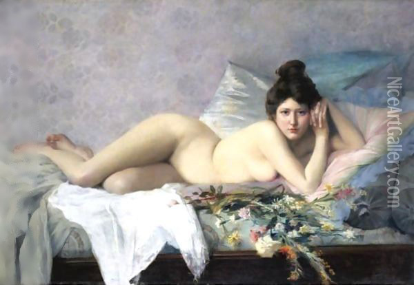 Femme Aux Fleurs Oil Painting - Francois-Maurice Lard