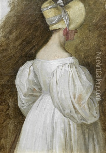 Study Of A Young Lady, Three-quarter-length In A White Dress And A Bonnet Oil Painting - Jacques-Laurent Agasse
