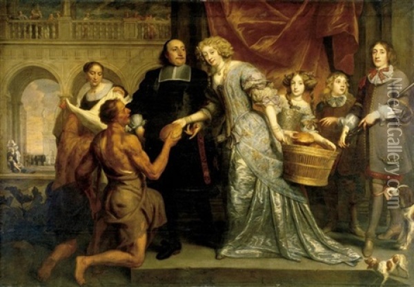 Portrait Of An Almoner With His Wife And Children As An Allegory Of Charity Oil Painting - Pieter Thys