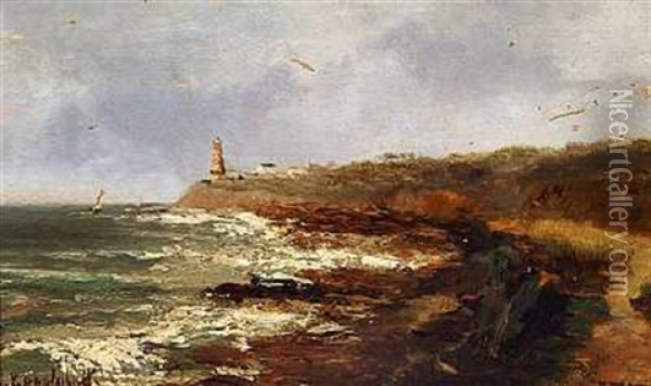 Coastal Scene With Lighthouse, Etretat In Normandy Oil Painting - Aleksei Petrovich Bogolyubov