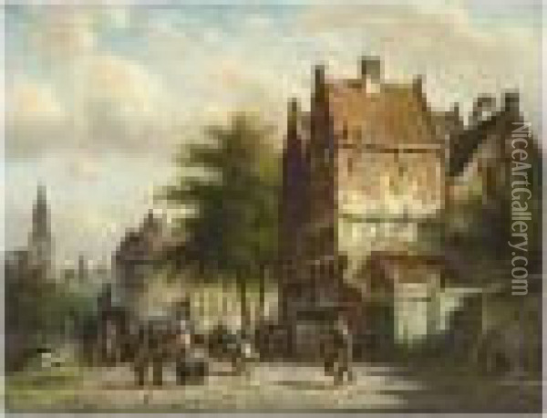 Figures In The Streets Of A Dutch Town Oil Painting - Johannes Franciscus Spohler