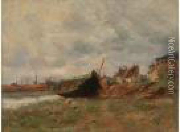  Barque Echouee, Port De Dieppe, Circa 1874  Oil Painting - Marie-Auguste Flameng