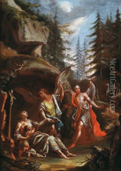 Die Heilige Genoveva Mit Ihrem Sohn Und Engeln Im Walde Oil Painting - Johann Jacob Zeiller