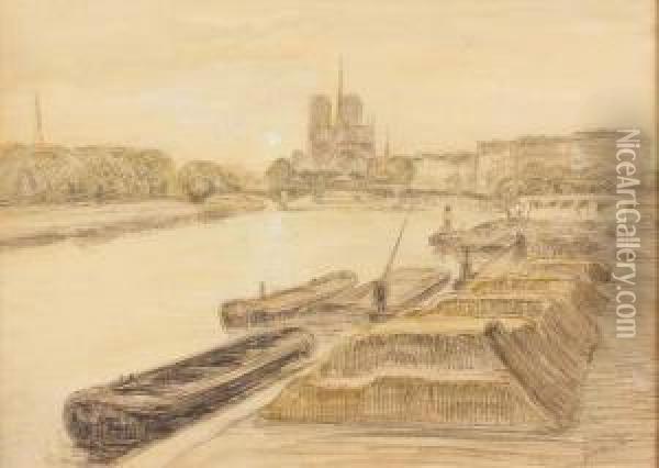 Le Pont Neuf, Le Pont De La Tournelle, Mouettes Sur La Seine, Peniches A Quai Oil Painting - Gaston Prunier
