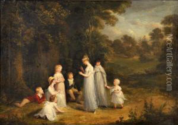 Young Lady With A Group Of Children In A Park Oil Painting - Maria Spilsbury