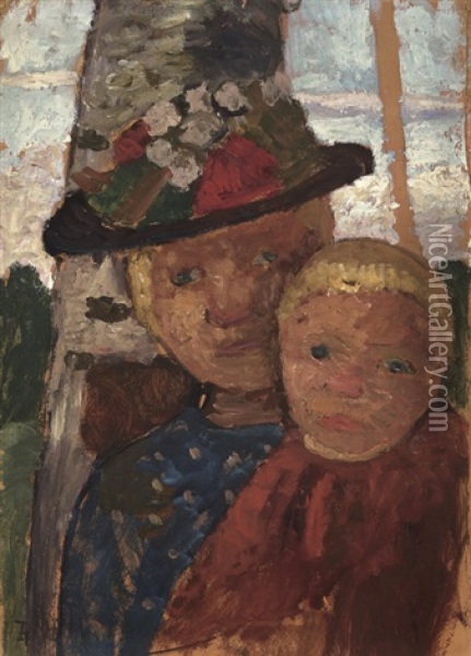 Brustbild Eines Madchens Mit Blumenhut Und Junge Oil Painting - Paula Modersohn-Becker
