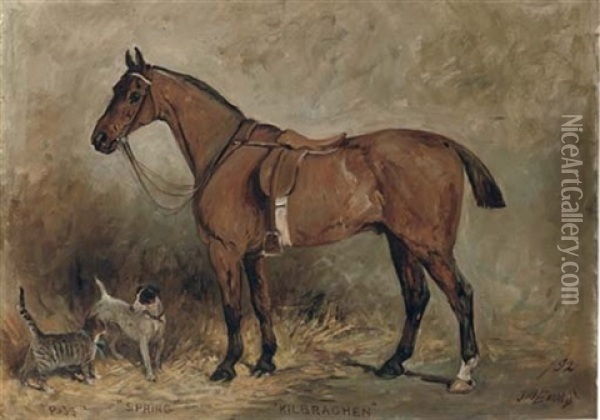 "kilbrachen", A Saddled Hunter With "puss", A Kitten And "spring", A Jack Russell Terrier Oil Painting - John Emms