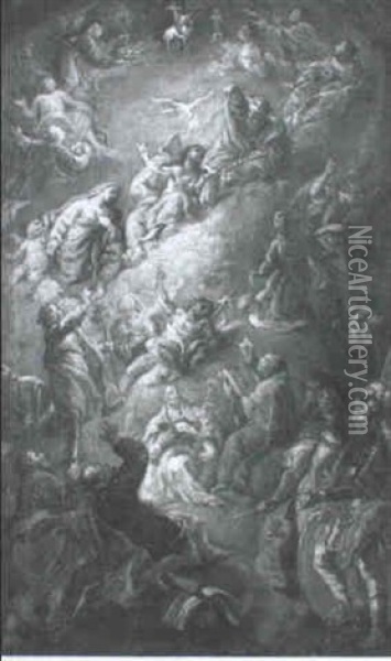 Die Anbetung Der Heiligen Dreifaltigkeit Durch Zahlreiche   Heilige Oil Painting - Johann Georg Bergmuller