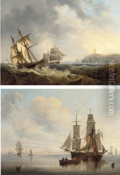 Trading Brigs Passing In The 
Channel Off Flamborough Head; And Shipping Becalmed In The Humber Off 
Spurn Point Oil Painting - John Wilson Carmichael