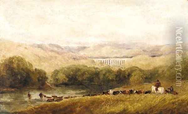 Watering the herd, North Wales Oil Painting - David Cox