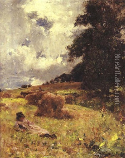 A Rest Among The Cornstooks Oil Painting - Joshua Anderson Hague