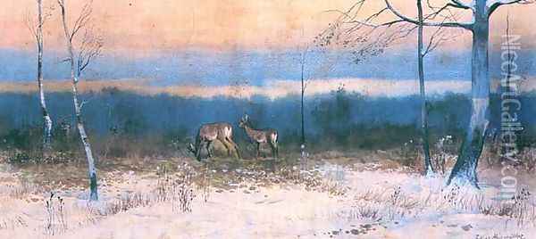 Deer in Clearing Oil Painting - Juliusz Holzmuller