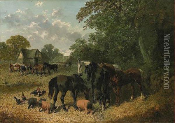 A Farmyard Scene With Horses, Cattle, Berkshire Saddlebacks Andchickens Oil Painting - John Frederick Herring Snr