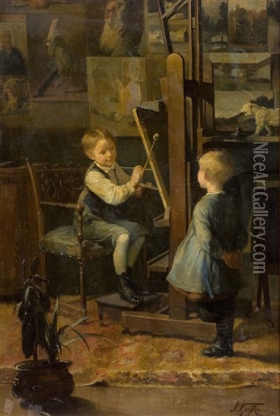 In The Artist's Studio Oil Painting - Henry Jules Jean Geoffroy