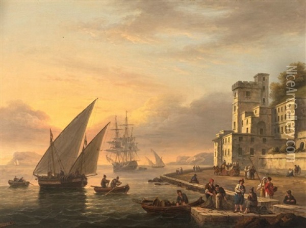 A Mediterranean Sailing Ship Approaching The Quay Oil Painting - Thomas Luny