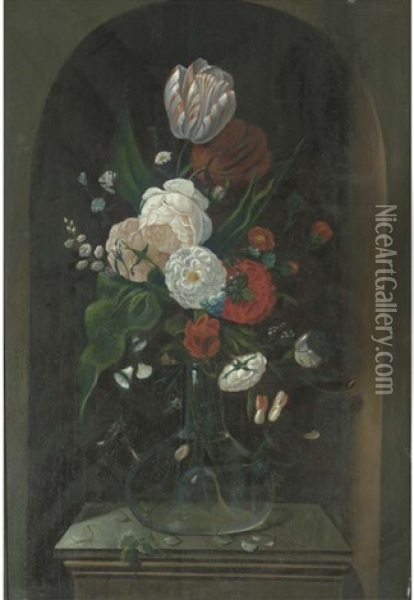 A Parrot Tulip, A Tulip, Roses, Morning Glory And Other Flowers In A Glass Vase In A Stone Niche Oil Painting - Jacob Marrel