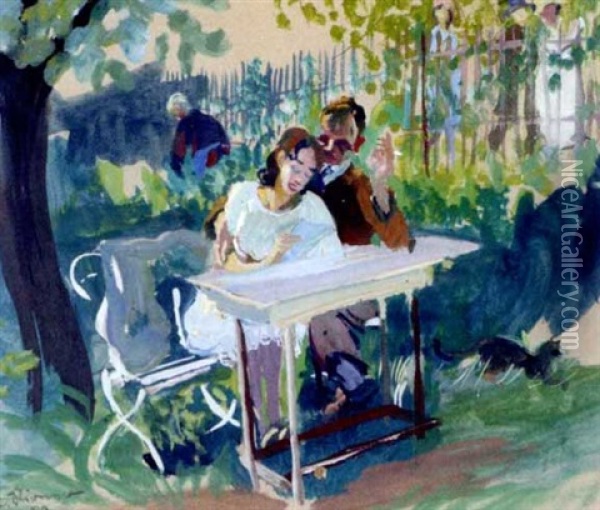 Einen Liebesbrief Lesendes Paar Im Garten Oil Painting - Karl Stirner