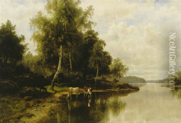 Insjolandskap Med Kor Oil Painting - Edward (Johan-Edvard) Bergh