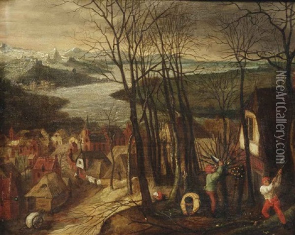 An Extensive River Landscape With Figures Chopping Wood, A Village In The Background Oil Painting - Pieter Brueghel the Younger