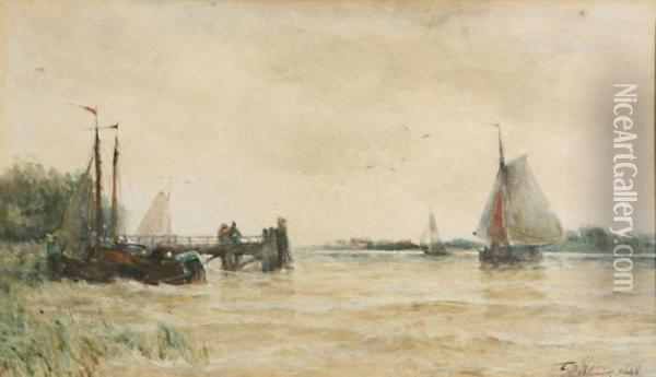 Yachts On The Water With Figures On The Stockade Oil Painting - Thomas Bush Hardy