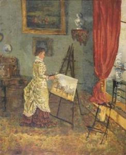 Lady Painting In An Interior Oil Painting - Alfred Stevens