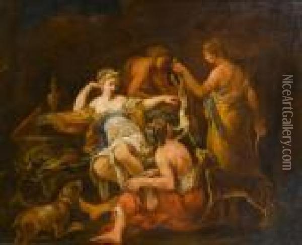 Nymphs Presenting Game To Diana The Huntress Oil Painting - Giovanni Antonio Pellegrini
