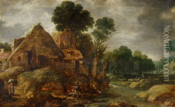 Landscape With A Farm Landscape With Hunters Oil Painting - Gillis (Egidius I) Peeters