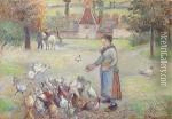 Femme Distribuant Du Grain A Des Poules, Ferme A Bazincourt Oil Painting - Camille Pissarro