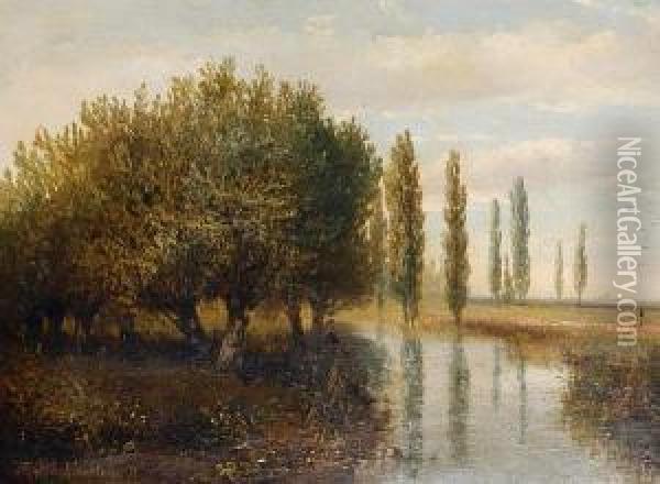 A River Landscape; And A Cottage With Awindmill Beyond Oil Painting - Hermanus Jan Hendrik Rijkelijkhuijsen