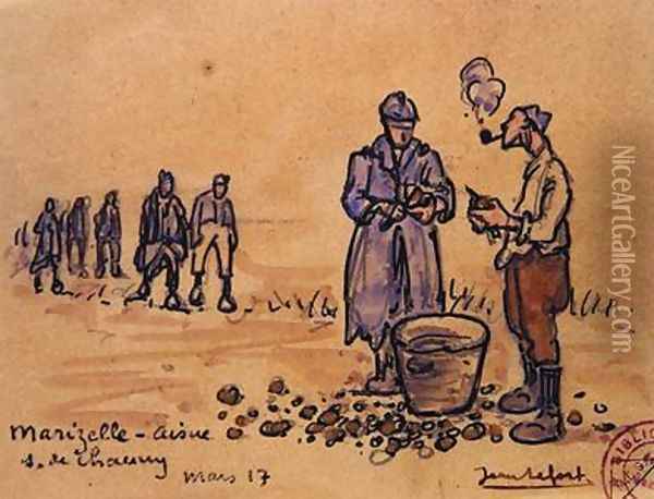 Soldiers peeling potatoes during the First World War at Marizelle in the Aisne Department Oil Painting - Jean Lefort
