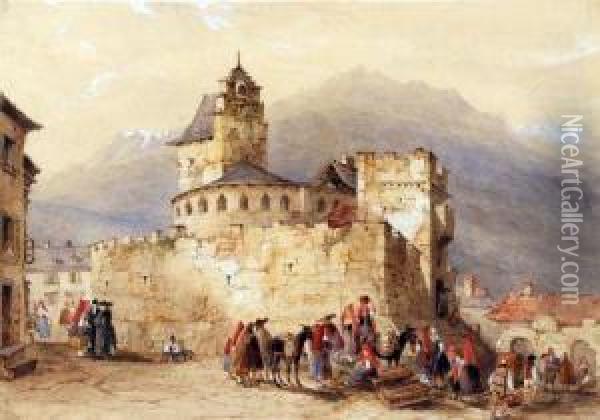 Spanish Castle With Numerous Figures Oil Painting - William Oliver