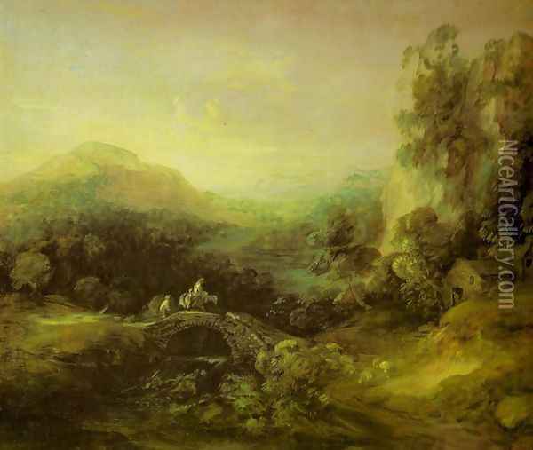Mountain Landscape with Peasants Crossing a Bridge Oil Painting - Thomas Gainsborough
