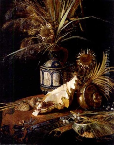 Stilleben Mit Trockenblumen In Steingutkrug Und Weichtierschalen Oil Painting - Eduard Charlemont