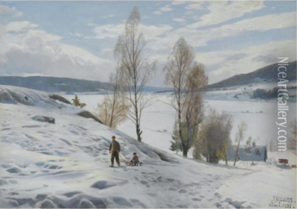 Kaelketur I Odnaes (sledding In Odnaes) Oil Painting - Peder Mork Monsted