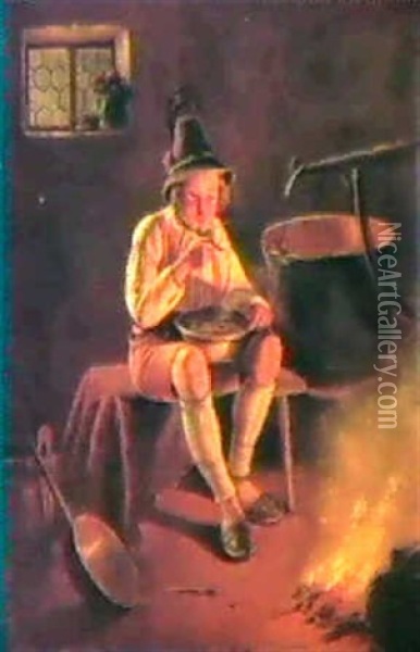 A Bavarian Peasant Eating His Soup Oil Painting - Carl Friedrich Moritz Mueller