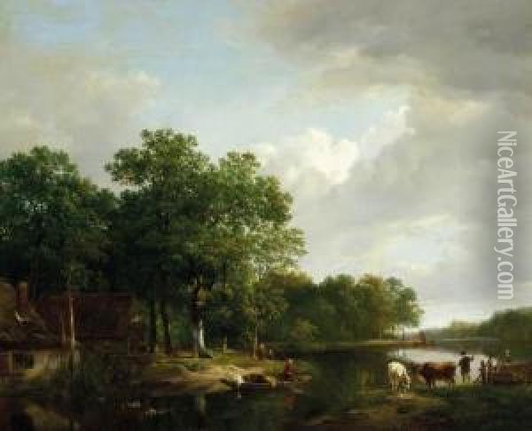 Summer Idyl: A Riverlandscape In Summer Oil Painting - Hendrikus van den Sande Bakhuyzen
