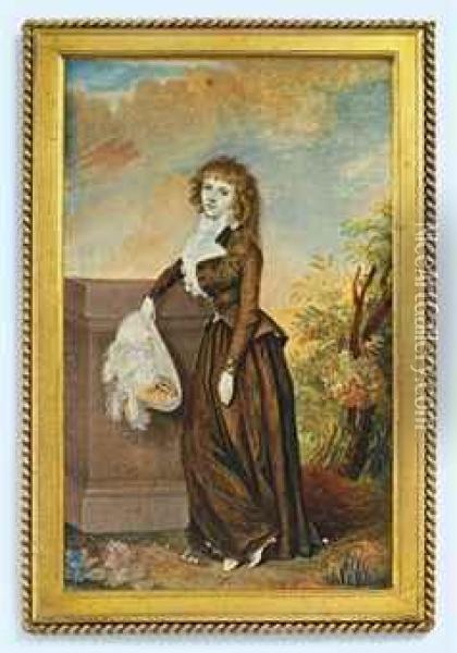 Mrs Robert Graham, Full-length In A Landscape, Leaning Against Astone Pillar, In Brown Riding Habit, Frilled White Cravat, Holdinga Cream Hat With White Plumes In Her Right Hand Oil Painting - Diana, Nee Dietz Hill