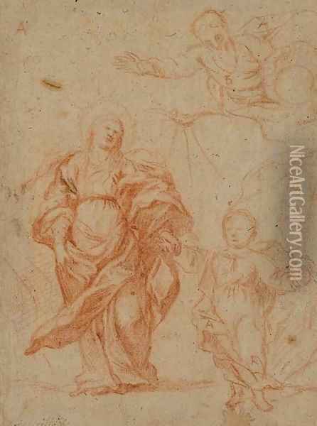 Dieu apparaissant a la Vierge tenant l'Enfant par la main Oil Painting - Ecole De Seville