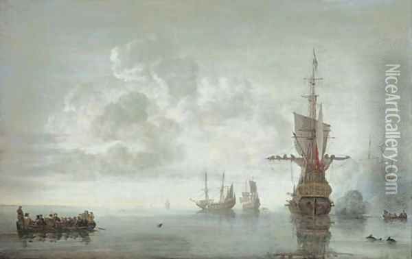 The squadron of Admiral Maarten van Tromp preparing to make sail, the flagship Aemilia firing a salute for the Admiral in his barge Oil Painting - Simon De Vlieger