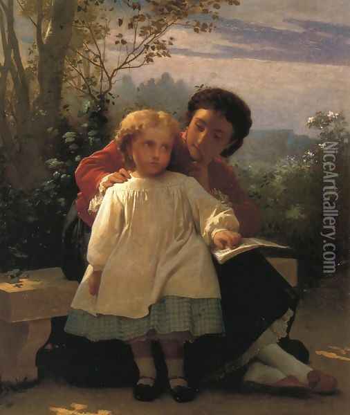 A Reading Lesson Oil Painting - Leon-Jean-Basile Perrault