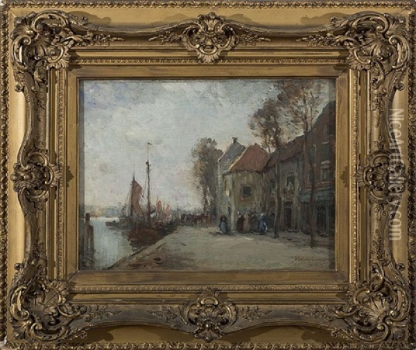 Dutch Canal Scene Oil Painting - Fernando A. Carter
